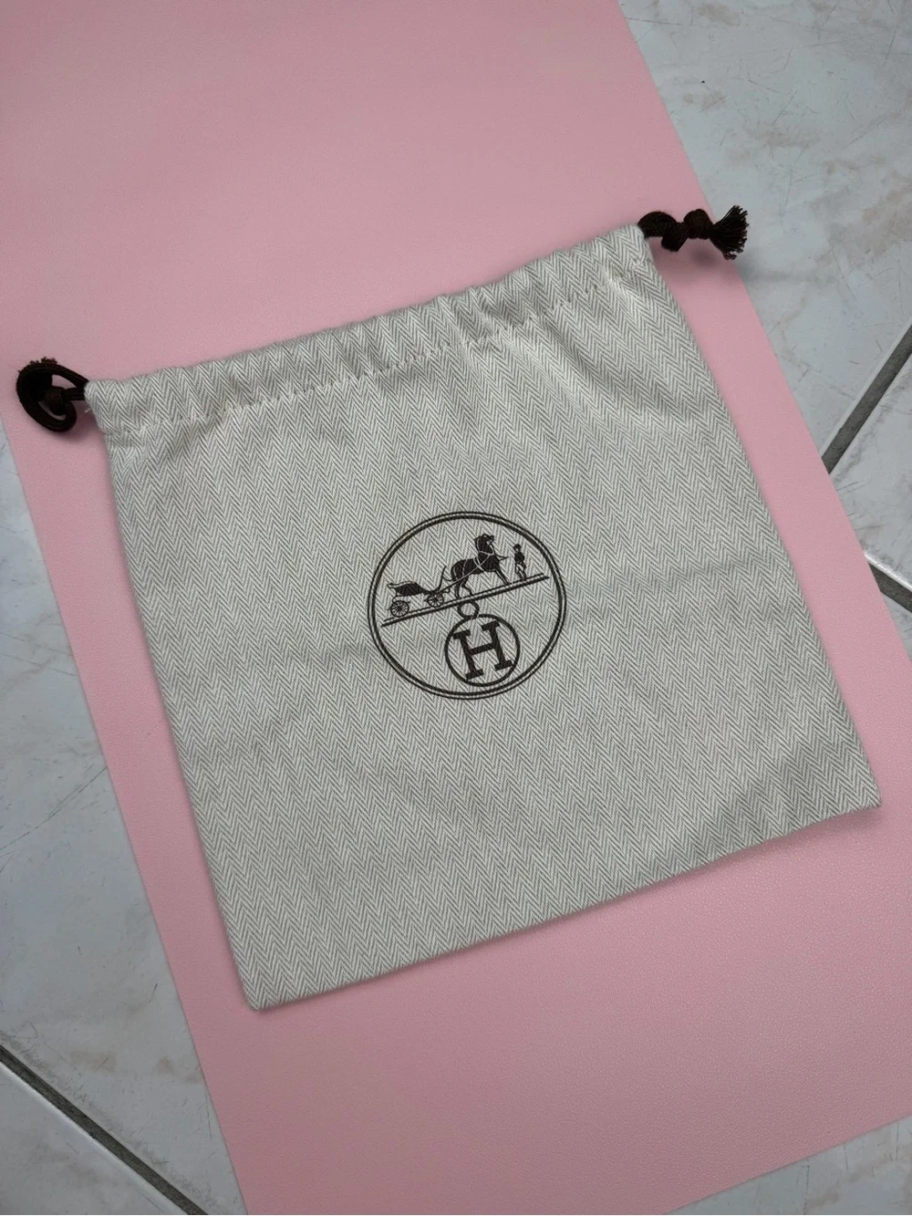Hermes Cream Drawstring Dust Bag with Brown Logo